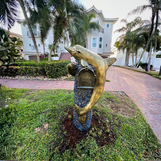 Golden Bronze Dolphin Mailbox Sculpture – Nautical Mailbox