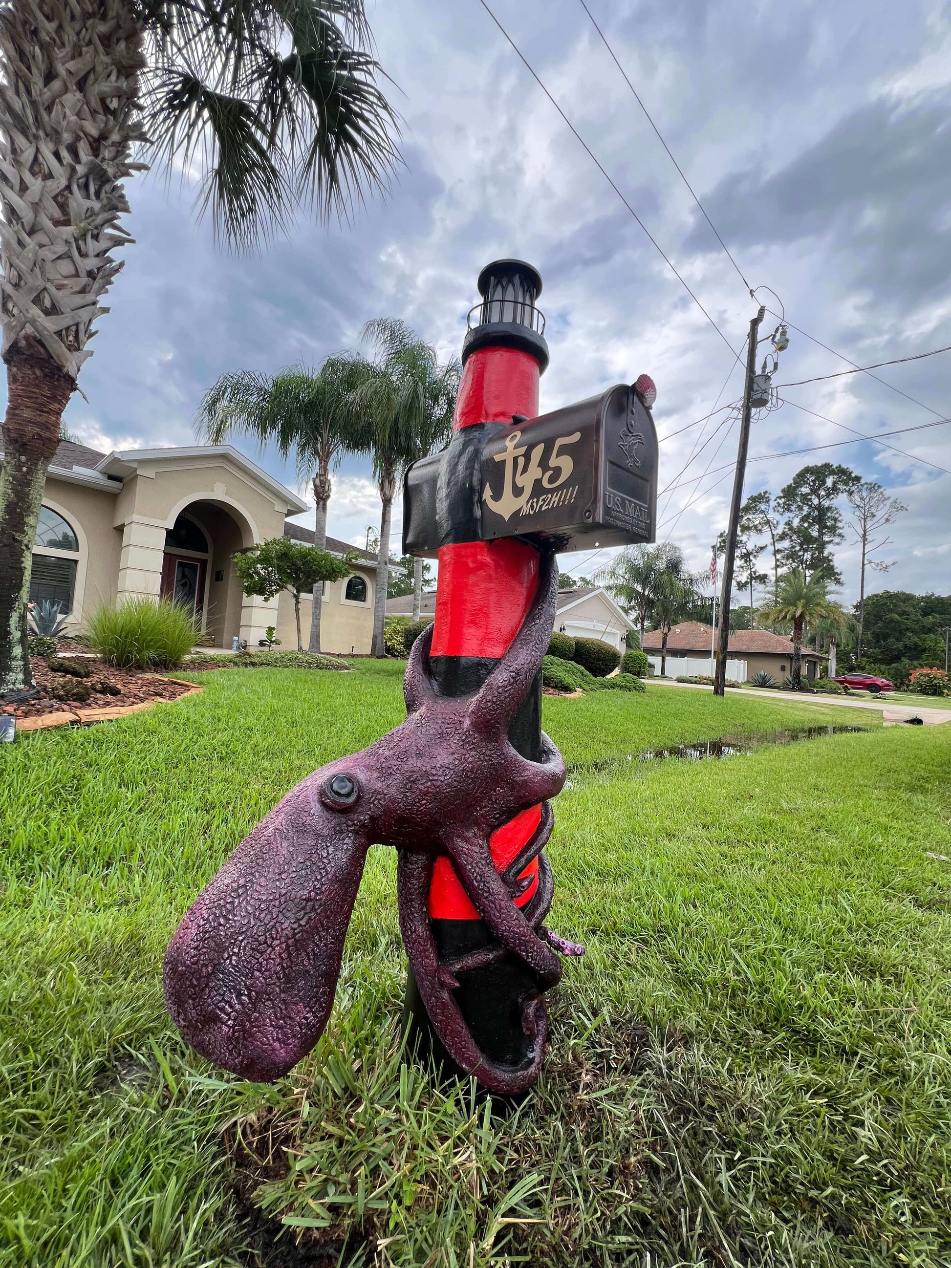 Octopus on a Lighthouse Mailbox Sculpture – Nautical Mailbox
