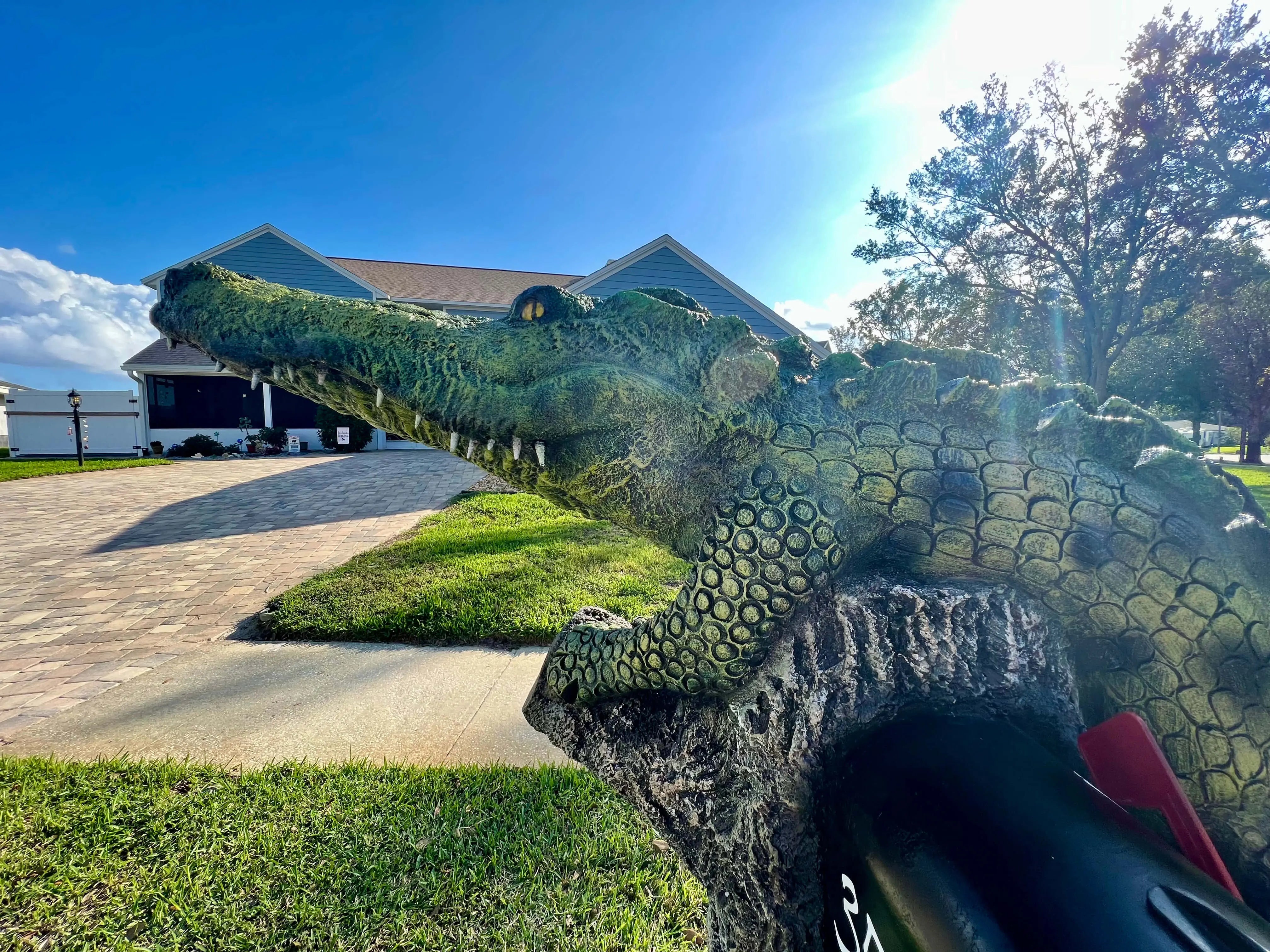 Large alligator statue in front of a house with a clear blue sky.