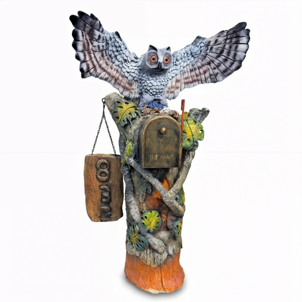 Spread wing owl mailbox sculpture with bronze mailbox and hanging address sign