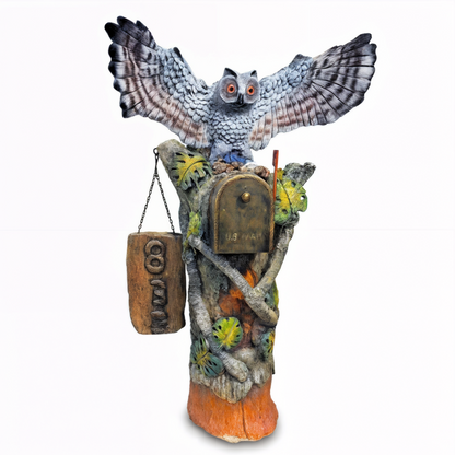 Spread wing owl mailbox sculpture with bronze mailbox and hanging address sign