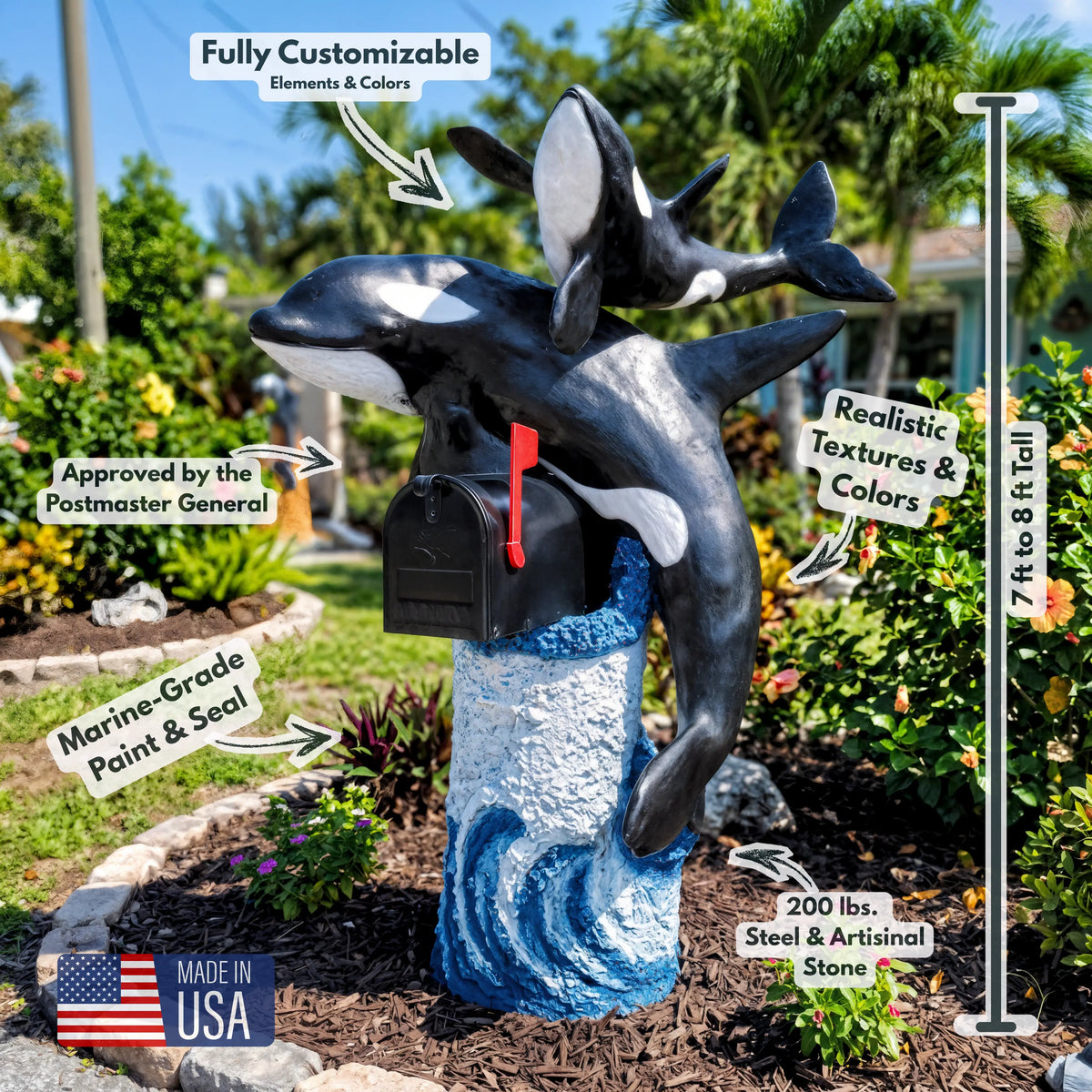 Orca mailbox sculpture with baby orca, 7 to 8 ft tall, fully customizable, made in USA