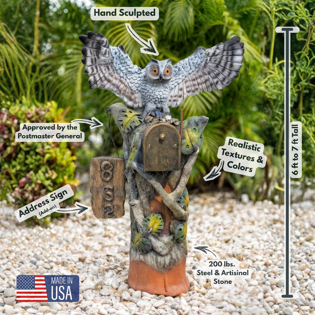 Hand-sculpted owl mailbox with address sign, 6 to 7 ft tall, approved by the Postmaster General
