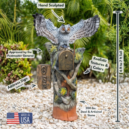 Hand-sculpted owl mailbox with address sign, 6 to 7 ft tall, approved by the Postmaster General