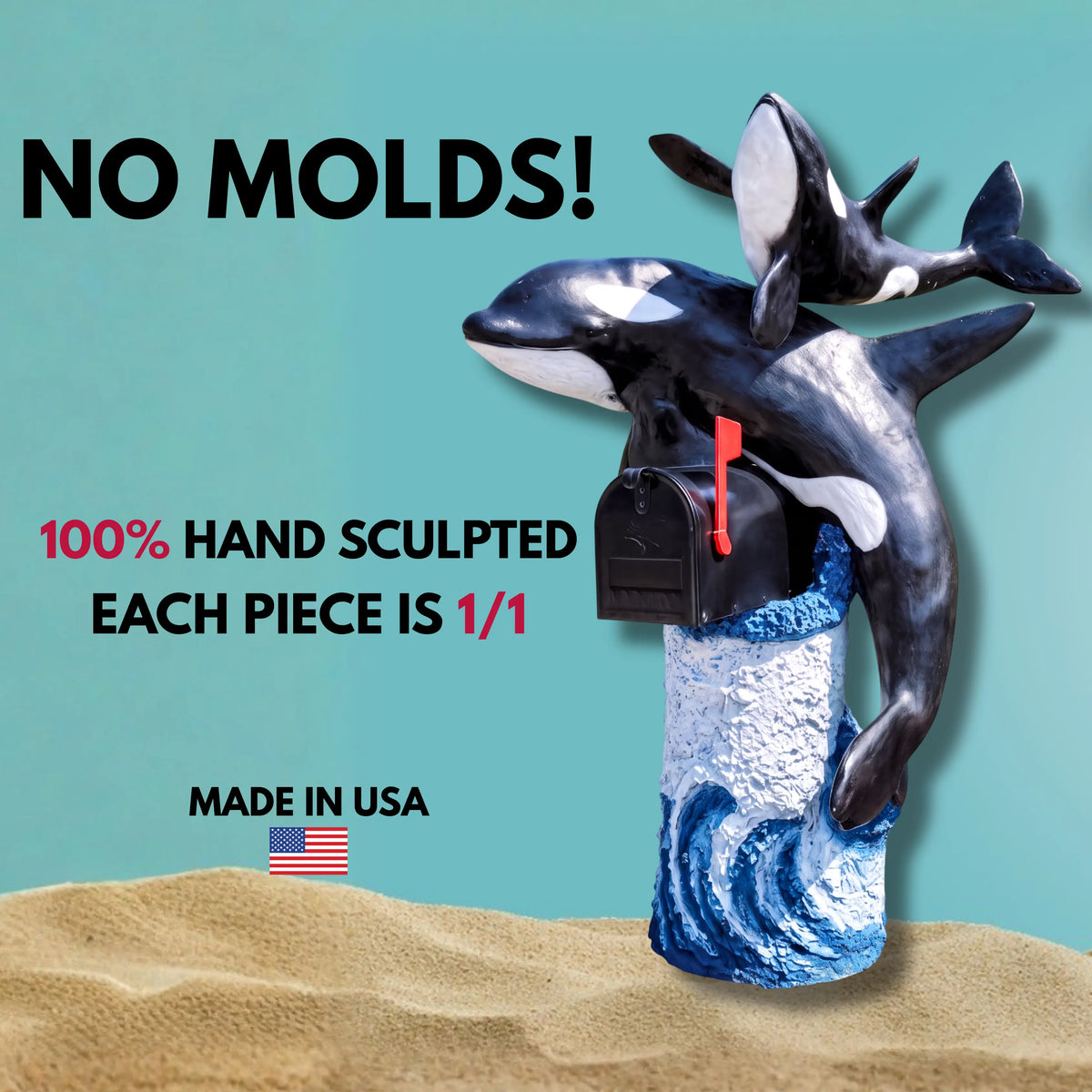 Orca mailbox, no molds, 100% hand sculpted, made in USA