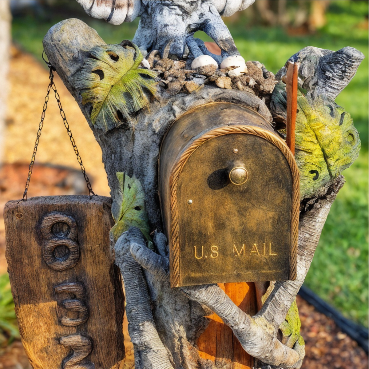 Close-up of bronze U.S. Mail box and carved address sign on owl mailbox sculpture