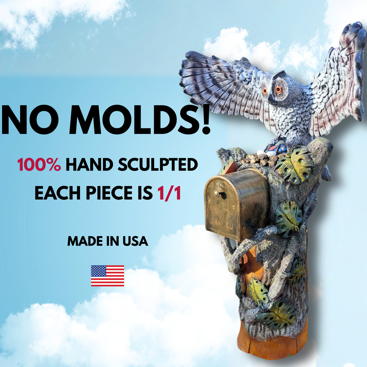 Owl mailbox, no molds, 100% hand sculpted, made in USA