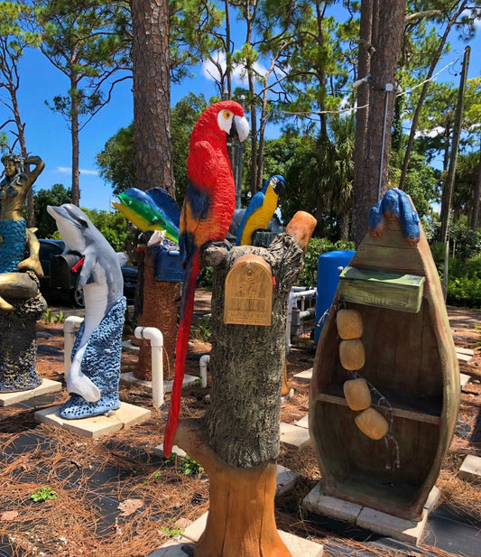 Red Macaw Parrot Mailbox Sculpture