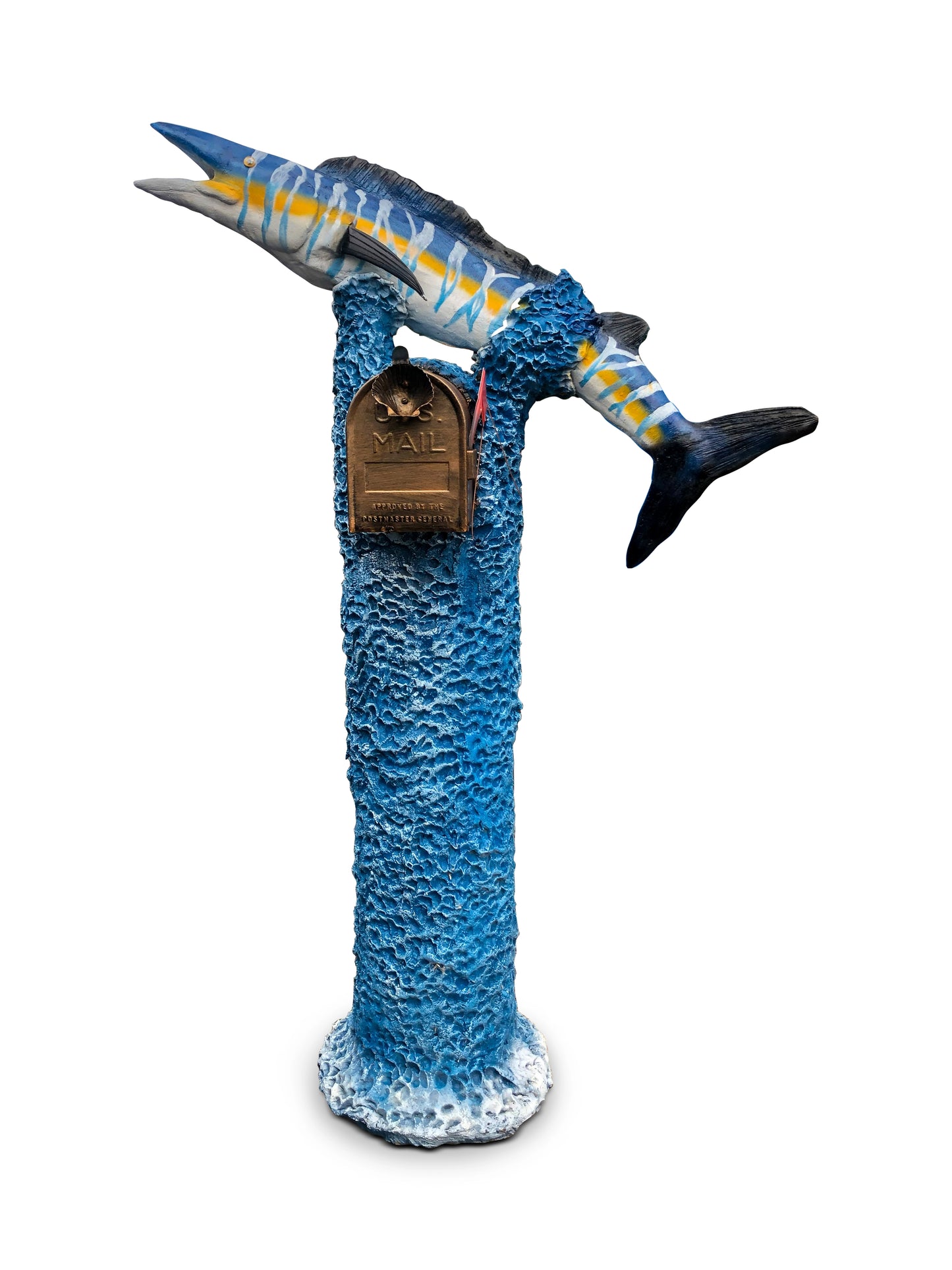 Decorative fish sculpture wahoo mailbox on a textured blue base with a white background