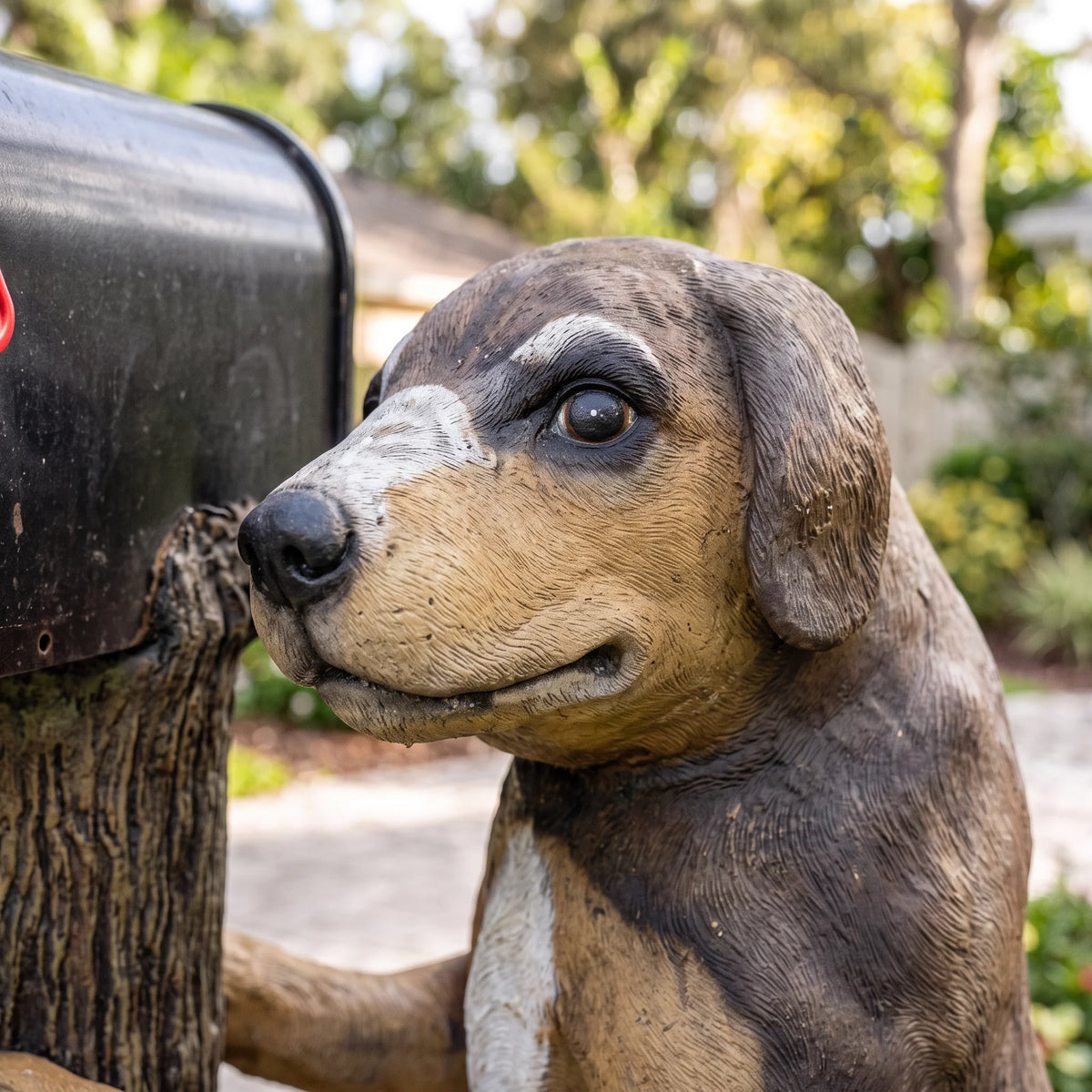 Close-up of hand-painted puppy dog face on mailbox sculpture