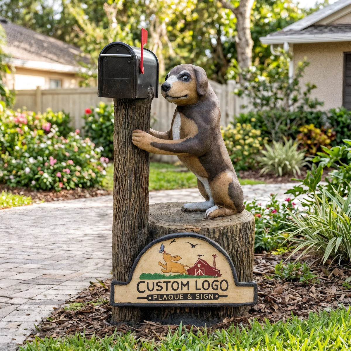 Puppy dog mailbox sculpture with black mailbox and custom sign in a front yard