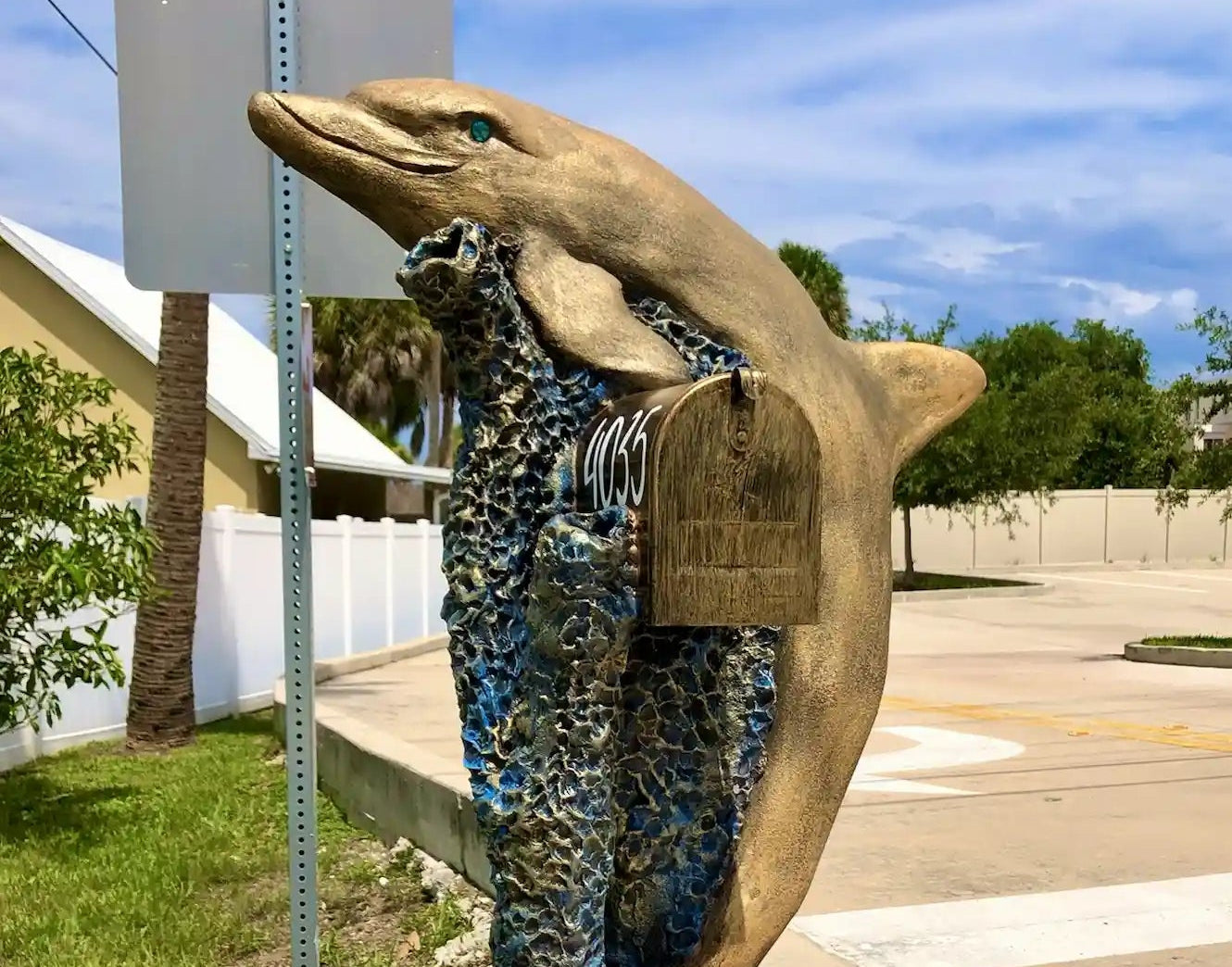 Mailbox shaped like a bronze dolphin with camouflage pattern on a street corner