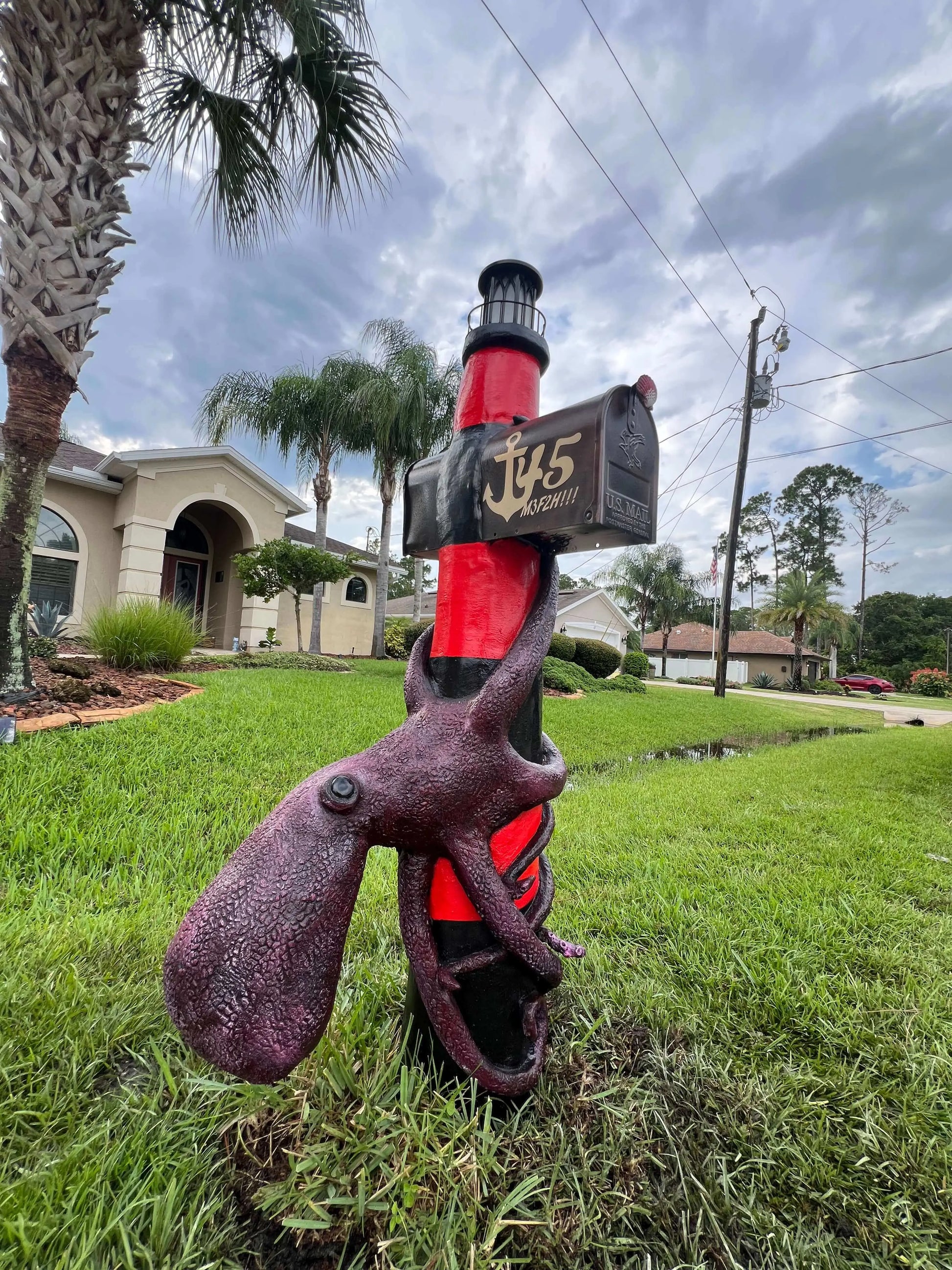 Octopus on a Lighthouse Mailbox Sculpture
