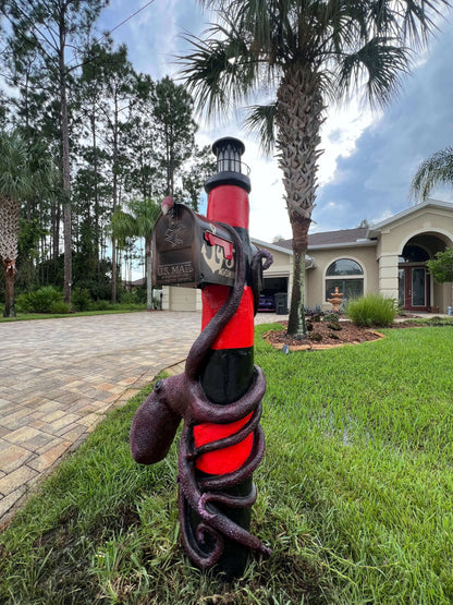 Octopus on a Lighthouse Mailbox Sculpture