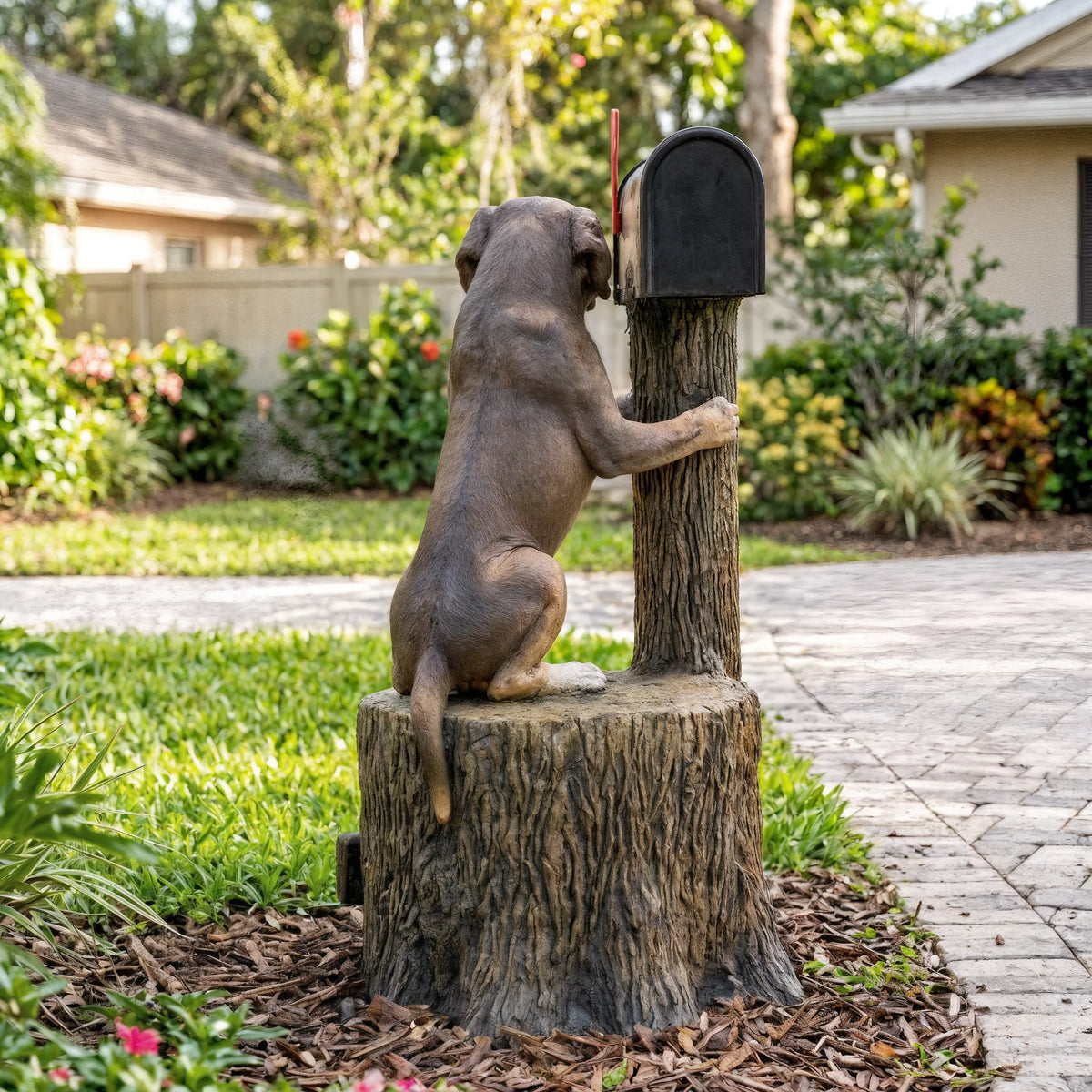 Back view of puppy dog mailbox sculpture on a tree stump base