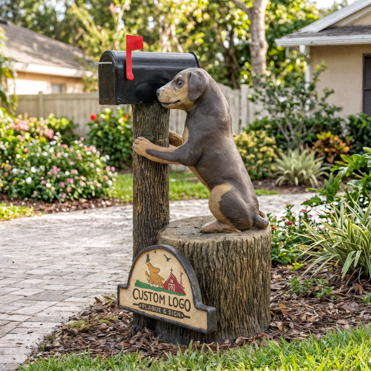 Puppy dog mailbox sculpture with custom logo sign beside a paver walkway