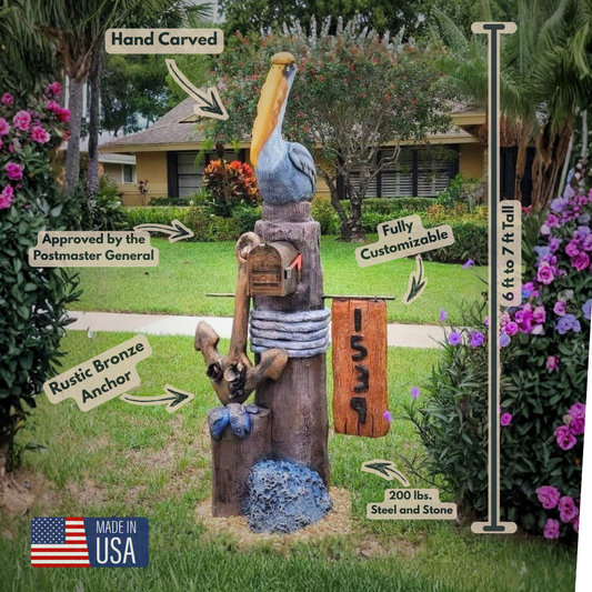 Pelican Mailbox Statue Sculpture Art with Bronze Anchor - Unique Coastal Decor by SeasideMailbox.Com
