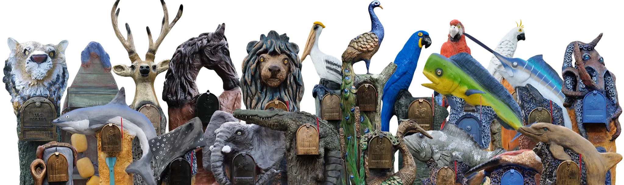 Animal figurines arranged in a row.