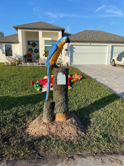 Blue and Yellow Macaw Parrot Mailbox Sculpture
