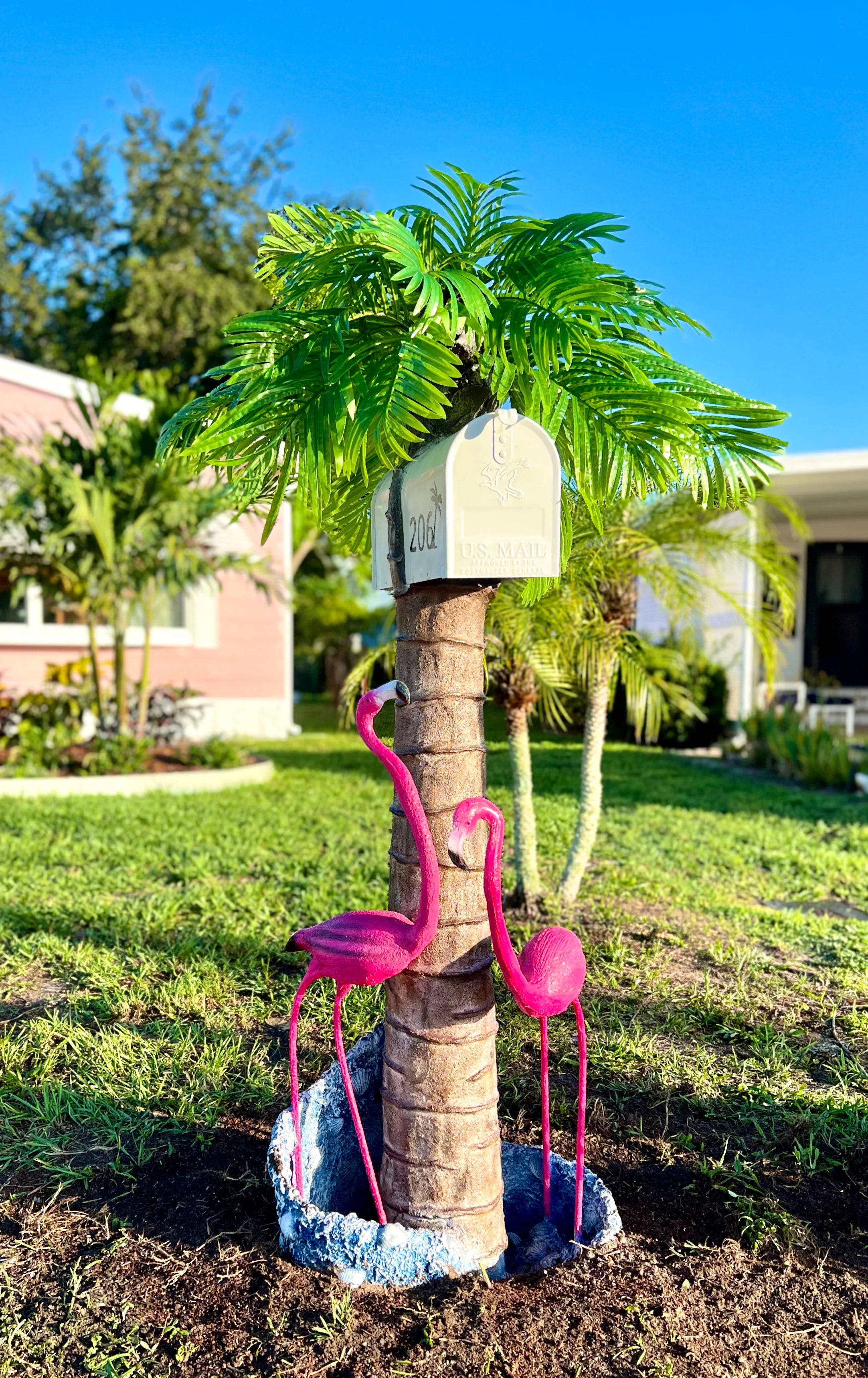 Handcrafted flamingo statue, pink flamingo by Seaside Mailbox, nautical cement art for coastal homes.