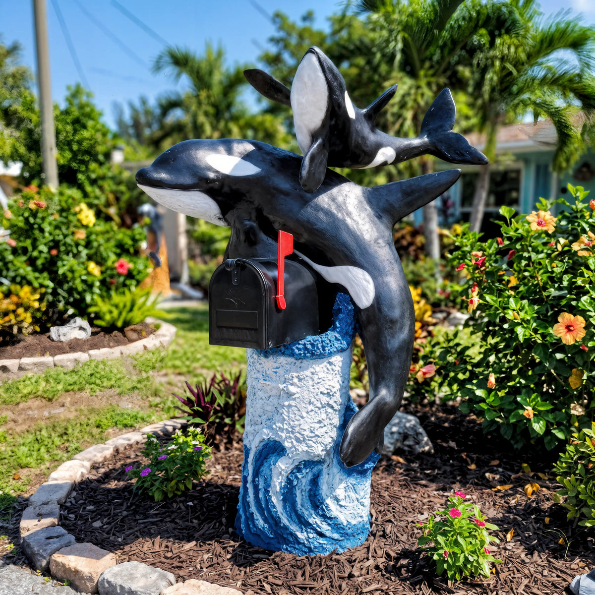 Mother and baby orca mailbox sculpture on a blue wave post