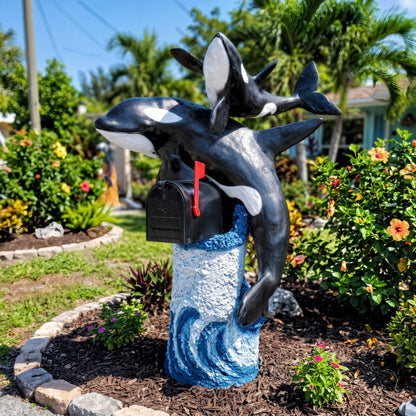 Mother and baby orca mailbox sculpture on a blue wave post