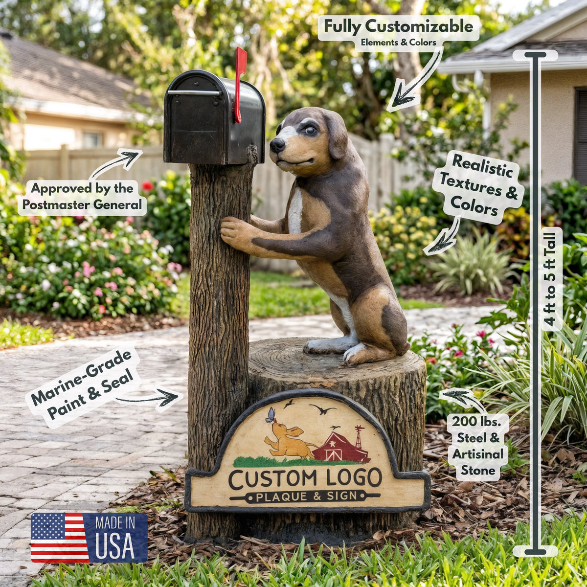 Puppy dog mailbox sculpture with custom logo plaque, 4 to 5 ft tall, made in USA