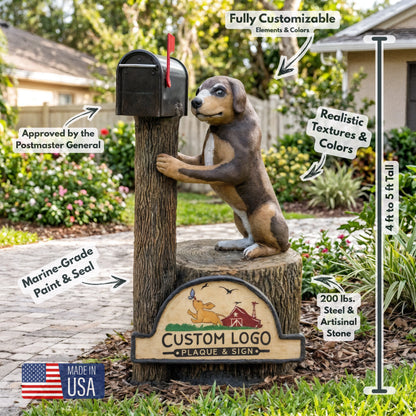 Puppy dog mailbox sculpture with custom logo plaque, 4 to 5 ft tall, made in USA