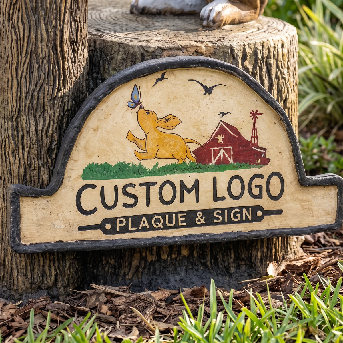 Custom logo plaque and sign on a puppy dog mailbox sculpture base